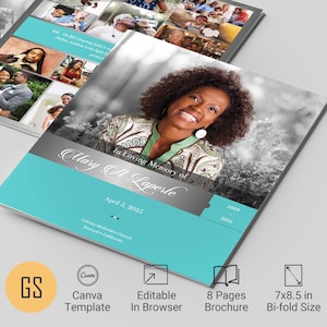 May include: A teal and gray 8-page bi-fold brochure template for a memorial service. The front cover features a black and white photo of a woman smiling. The text reads "In Loving Memory of Mary A Laperle, April 5, 2025, 2009 - 2025".
