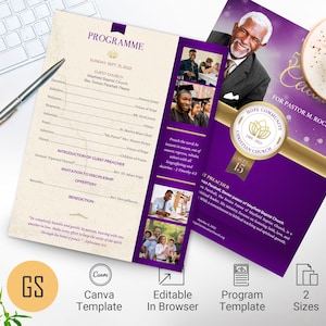 Op de afbeelding: Een paarse en gouden programma sjabloon voor een kerkdienst. De voorkant toont een foto van een man in pak en de tekst "Voor Pastor M. Rochester". De achterkant toont een programma met de tekst "Programma" en een lijst met evenementen.