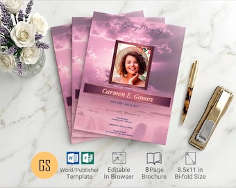 Purple Sunrise Funeral Program Template: 8-Page Bifold Obituary for Canva (8.5x11) Digital Download)