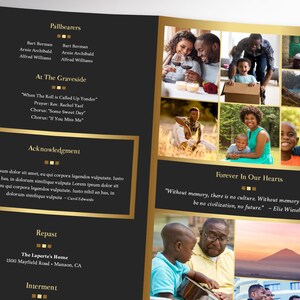 Remember Gold Tabloid Trifold Funeral Program Template for Word and Publisher is 17x11 inches. The tabloid trifold brochure features Gold and Black colors with beautiful typography, making it a great gift to remember your loved one. The trifold