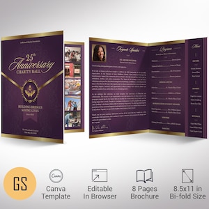 Vintage Purple & Gold Anniversary Program Template: 8-Page Gala (Canva)