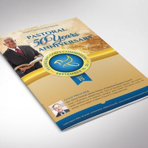 May include: A church event flyer titled Pastoral 50 Years Anniversary featuring a photograph of a pastor holding a book, a blue circular logo with a yellow bird icon, the text Fulfilling God's Commission, and a guest preacher section.