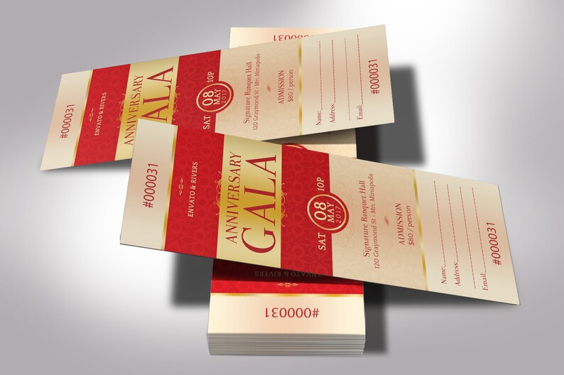 Elegant Anniversary Gala Ticket Word Publisher Template, Size: 2”×6”, is designed with red and gold, and 7 additional color backgrounds are included. Great for Church Anniversary Banquets, Pastor Anniversary Galas, and Balls.