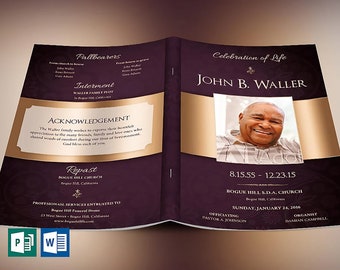 Vintage Purple Funeral Program Template | Word Template, Publisher | Celebration of Life | 8 Pages | 5.5x8.5 in