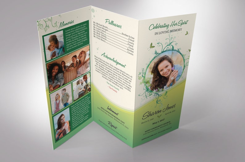 Green Princess Trifold Funeral Program Template Word Template, Publisher Green Beige, Celebration of Life, Memorial Service 11x8.5 in image 5