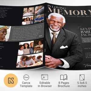 Plantilla de programa de funeral Dawn para Canva: beige negro, estilo revista, celebración de la vida, plantilla de obituario para hombres, 8 páginas, 5,5 x 8,5 pulgadas