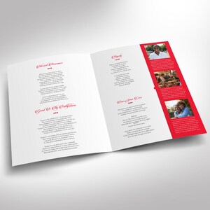 Remember Red Funeral Program Word and Publisher Tabloid Template has 8 pages. The red and black solid-colored shapes with beautiful typography make this a great keepsake. The Print Size is 17 x 11 inches, and the Bi-Fold Size is 8.5 x 11 inches.