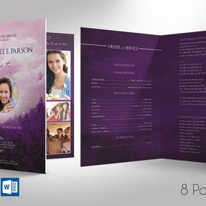 Violet Sky Tabloid Funeral Program Template Word Template, Publisher Celebration of Life 8 Pages 11x17 inches image 1