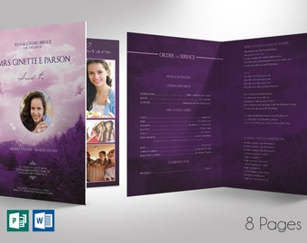 Violet Sky Tabloid Funeral Program Template for Word and Publisher | 8 Pages | Bi-fold to 8.5x11 inches
