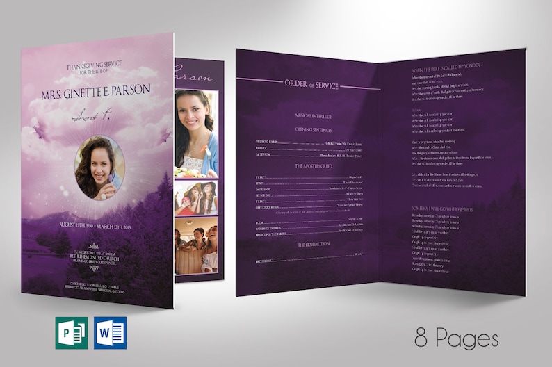 Violet Sky Tabloid Funeral Program Template Word Template, Publisher Celebration of Life 8 Pages 11x17 inches image 1