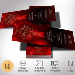 May include: Red and gold ticket template for a Soul Soul Valentines Banquet on 14 February 2025. The ticket includes the event name, date, location, and admission price of £65.