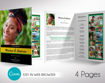 Jamaican Tabloid Funeral Program Template, Canva Template | Celebration of life, Eulogy Program, 4 Pages | 11x17 inches