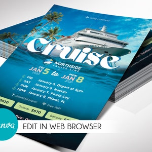 Cruise flyer-sjabloon voor canvas, reisuitnodigingen, bestemming bruiloft, Caribische cruises, bewerkbare afdrukbare digitale download, 2 maten