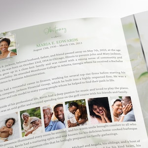 May include: An obituary layout with the name "Maria E. Edwards" and dates August 15th, 1930 - March 13th, 2013. The page includes a photo of a woman, text, and additional photos of family members. The design has a soft, floral theme.