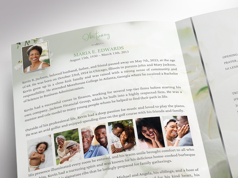 May include: An obituary layout with the name "Maria E. Edwards" and dates August 15th, 1930 - March 13th, 2013. The page includes a photo of a woman, text, and additional photos of family members. The design has a soft, floral theme.