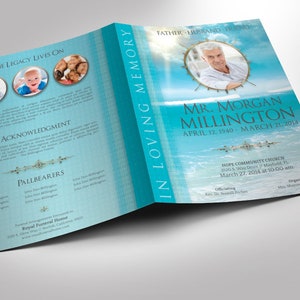 Oceanic Tabloid Funeral Program Template for Word and Publisher has 8 Pages. The celebration of life bi-fold brochure features a vivid ocean with a blue sky. The Print Size of 17x11 inches is Bi-Fold to 8.5x11 inches. An oceanic theme.