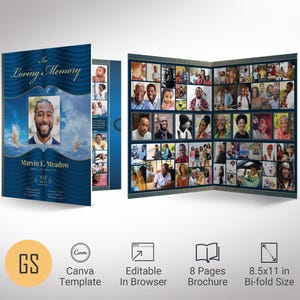 Blue Gold Loving Funeral Program Template for Canva V1, Celebration of Life, Orde of Service, Obituary Template for Men, 8 Pages, 11x17 in