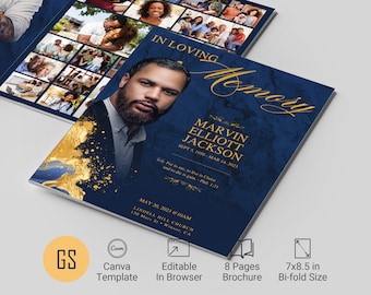 May include: A blue and gold funeral program template with a photo of a man and the text "In Loving Memory Marvin Elliott Jackson Sept 1950 - Mar 14, 2023" and "May 20, 2023 @ 10AM Lindell Hill Church 150 Mars St. Wieser, CA".