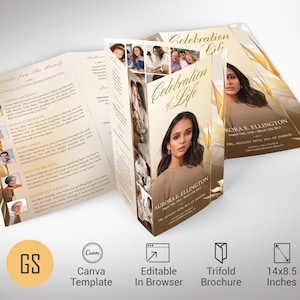 May include: A trifold funeral program template with a gold and white design. The front cover features a photo of a woman and the text "Celebration of Life". The inside pages include space for photos, a biography, and a list of loved ones.