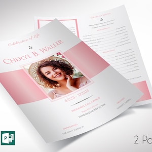 Ensemble de modèles de programme d'enterrements, blanc et rose, Word and Publisher V2, Celebration of Life, modèle de notice nécrologique pour femme, 23 x 11 po.