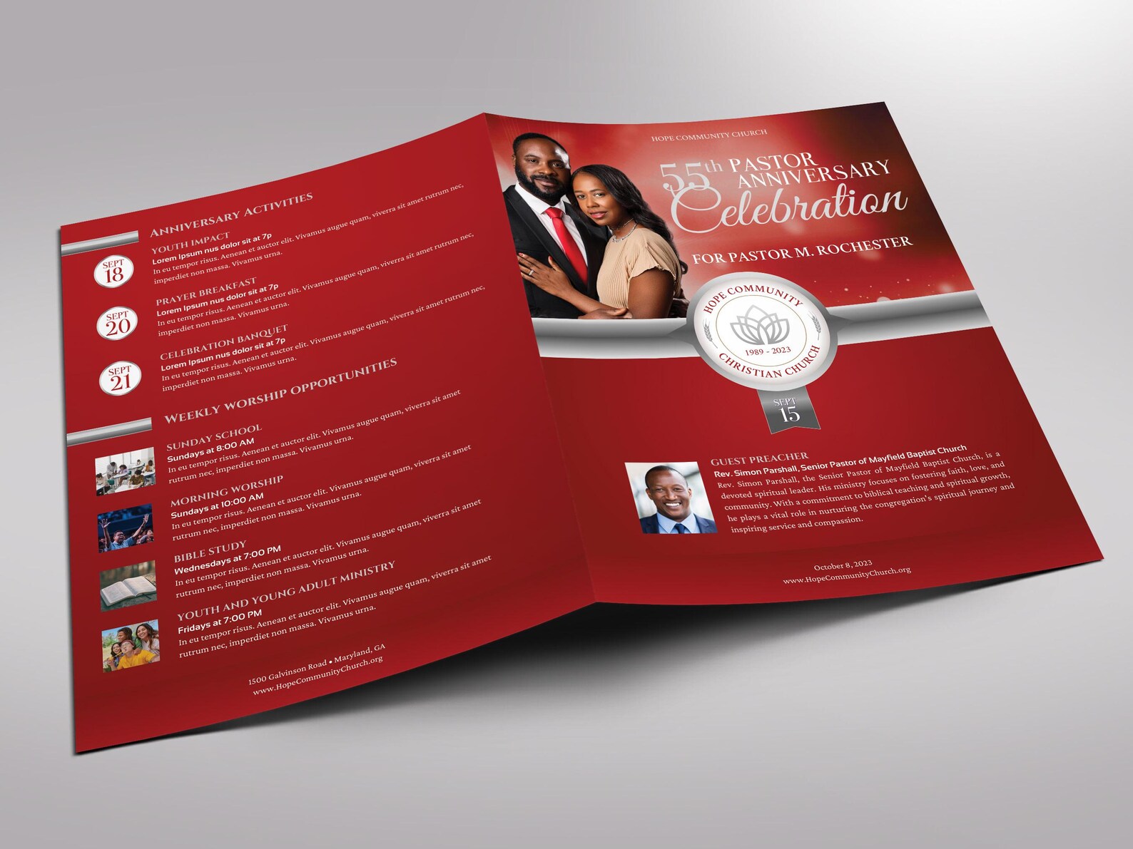 Pastor Anniversary Program Template for Canva: Red & Silver 4-page ...