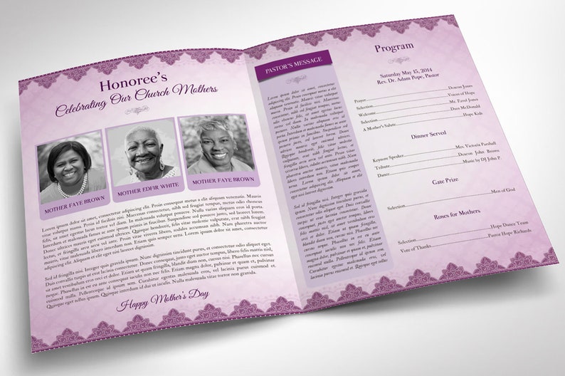 Mothers Day Gala Tabloid Program Template for Word and Publisher has 4 pages. The Banquet Program features a vintage purple decorative theme. The Church bulletin Print Size of 17x11 inches is Bi-Fold to 8.5x11 inches. Ideal program for Mothers Day