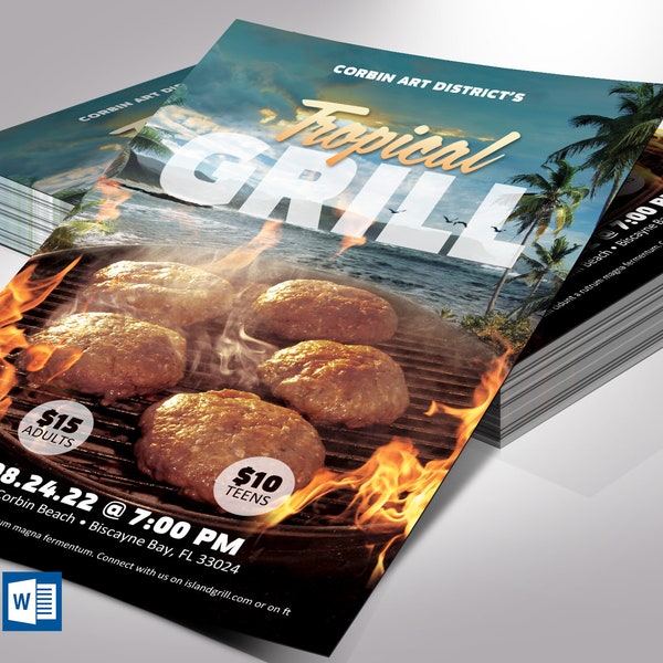 Tropical BBQ Flyer Template for Word and Publisher | Barbeque Invitation, Grill And Chill, Bbq Invite | Size 4x6 inches