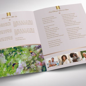 Golden Tabloid Funeral Program Word and Publisher Template, has Golden gradients, a Rose Gold background, and beautiful typography. The  Print Size is 17 x 11 inches, and Bi-fold Size is 8.5 x 11 inches. The program utilizes 52 photos