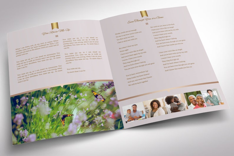 Golden Tabloid Funeral Program Word and Publisher Template, has Golden gradients, a Rose Gold background, and beautiful typography. The  Print Size is 17 x 11 inches, and Bi-fold Size is 8.5 x 11 inches. The program utilizes 52 photos