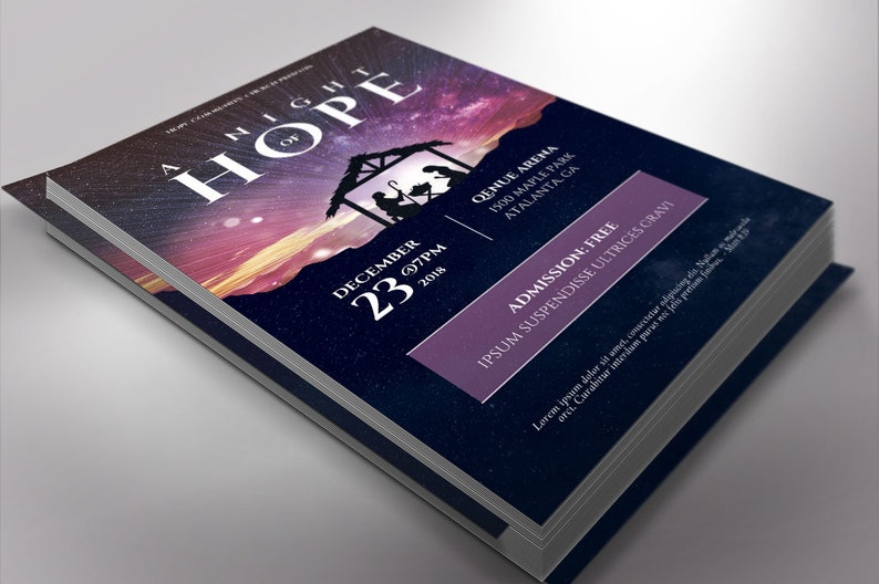 Hope Christmas Flyer Word Publisher Template, 5.5 x 8.5 inches, has a nativity as the focal point with a colorful starry night sky. The invitation is great for Christmas Plays and Cantatas.