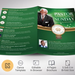 Pastor Appreciation Program Template: Green & Gold Church Event (Canva, 5.5x8.5 in)