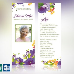 Ensemble de modèles de signets funéraires aquarelle violet, Word et éditeur, célébration de la vie, carte mémoire, faveur florale pour femme, 2,75 x 20 cm
