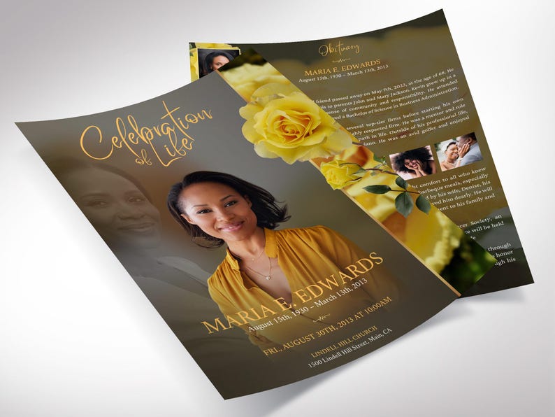 Yellow Roses Funeral Vector Yellow Rose Funeral Program Template: One Page Double Sided Memorial ...