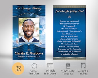 Loving Funeral Prayer Card Template, Canva Template - Blue Gold | Memory Card, Celebration of Life | 2.75x4.5 inches