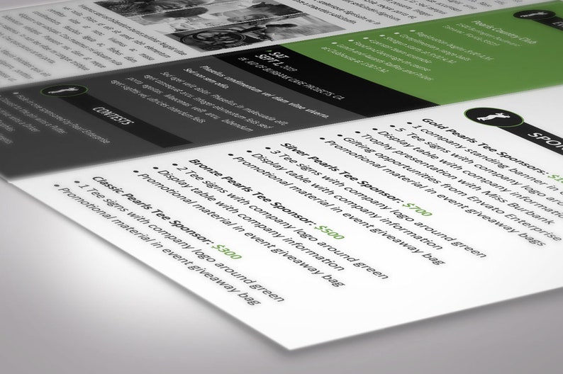 Charity Golf Tournament Brochure Word Template is designed with a classic golf theme of Green, black and white colors. Print Size: 11x8.5 inches, Tri-fold Size: 3.65x8.5 inches is for charity golf tournaments and tee-off games.