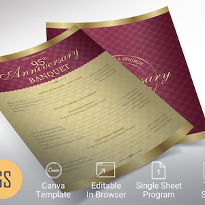 Burgundy Gold Church Anniversary Program Template: Canva Elegant Gala (Digital Download)