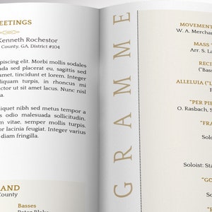 The Musical Event Program Template for Canva has 4 Pages. It features a black and gold background with gold decals and a pair of tassels. The Print Size of 11x8.5 inches is Bifold to 5.5x8.5 inches. The concert program is a bi-fold brochure