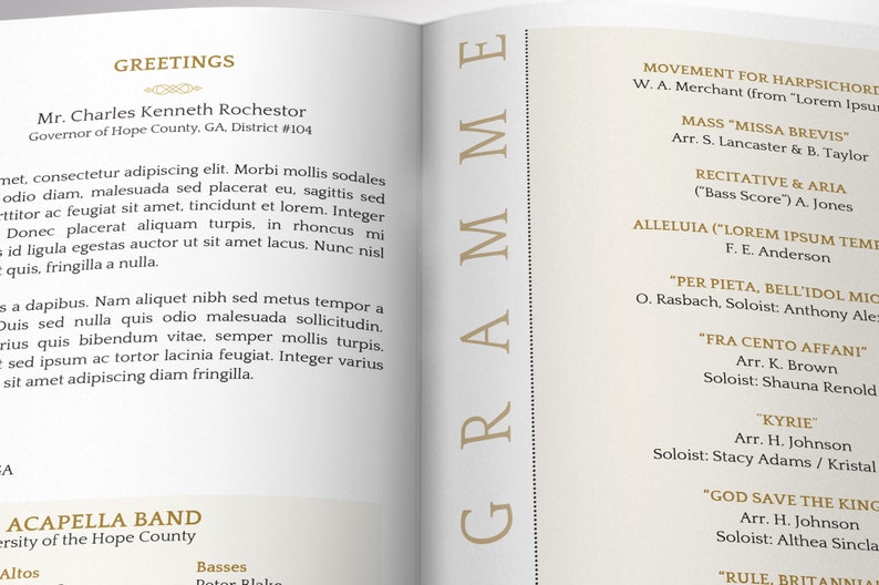 The Musical Event Program Template for Canva has 4 Pages. It features a black and gold background with gold decals and a pair of tassels. The Print Size of 11x8.5 inches is Bifold to 5.5x8.5 inches. The concert program is a bi-fold brochure