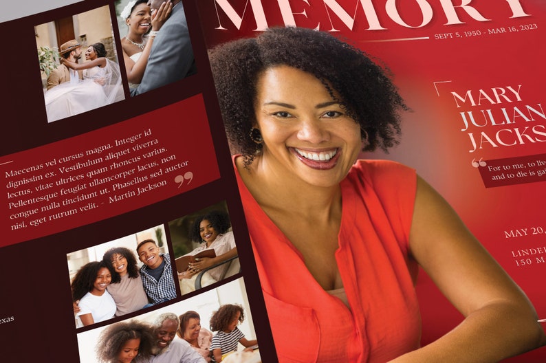 Say goodbye to the traditional, regular funeral program with the Twilight Tabloid Funeral Program Template for Canva (8 pages, 17x11 inches, bifold to 8.5x11 inches). This expressively designed twilight brick red celebration of life bi-fold brochure