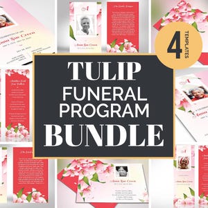 Peut inclure: Un ensemble de quatre modèles de programmes funéraires imprimables avec des fleurs de tulipes roses et blanches. Les modèles sont conçus pour une célébration de la vie et comprennent le texte "Une célébration de la vie" et "Anna Sue Green".
