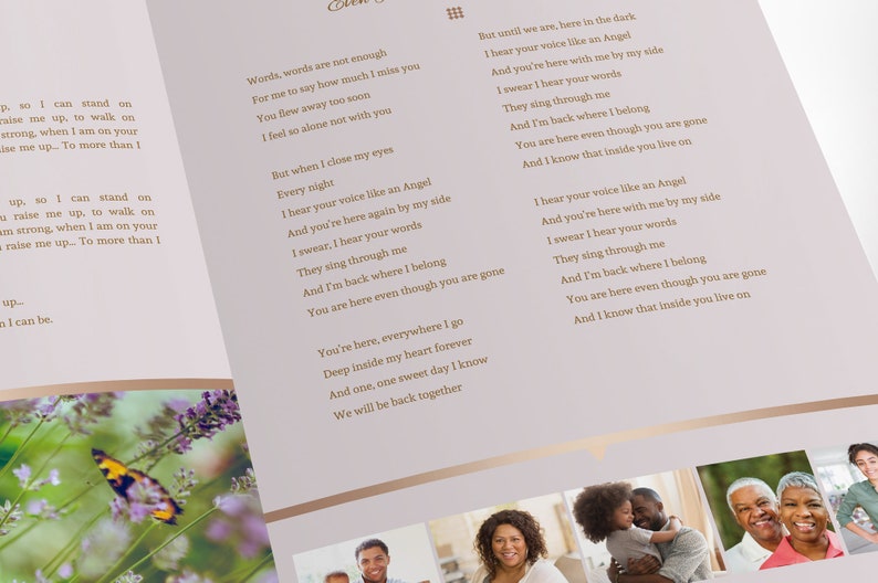 Golden Tabloid Funeral Program Word and Publisher Template, has Golden gradients, a Rose Gold background, and beautiful typography. The  Print Size is 17 x 11 inches, and Bi-fold Size is 8.5 x 11 inches. The program utilizes 52 photos