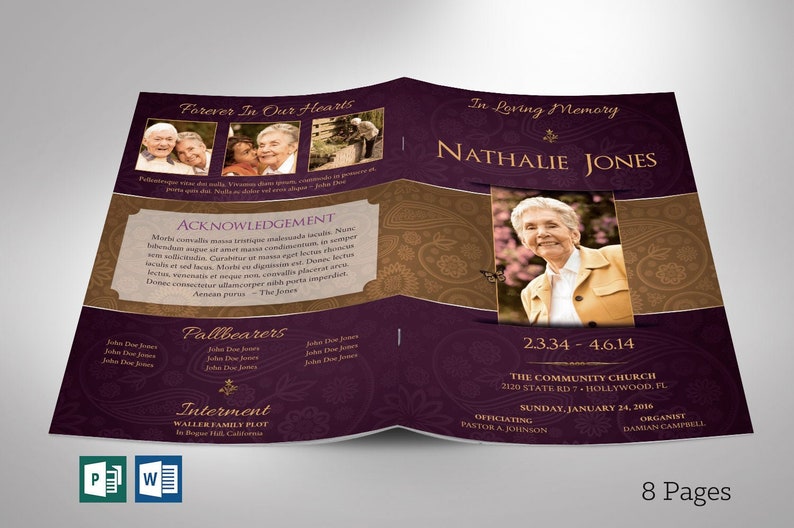 Royal Funeral Program Template, Purple Gold Word Template, Publisher Celebration of Life 8 Pages 5.5x8.5 inches image 8