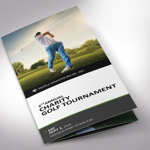 Charity Golf Tournament Brochure Word Template is designed with a classic golf theme of Green, black and white colors. Print Size: 11x8.5 inches, Tri-fold Size: 3.65x8.5 inches is for charity golf tournaments and tee-off games.