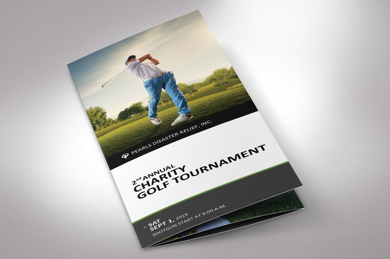 Charity Golf Tournament Brochure Word Template is designed with a classic golf theme of Green, black and white colors. Print Size: 11x8.5 inches, Tri-fold Size: 3.65x8.5 inches is for charity golf tournaments and tee-off games.