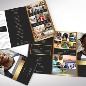 Remember Gold Tabloid Trifold Funeral Program Template for Word and Publisher is 17x11 inches. The tabloid trifold brochure features Gold and Black colors with beautiful typography, making it a great gift to remember your loved one. The trifold