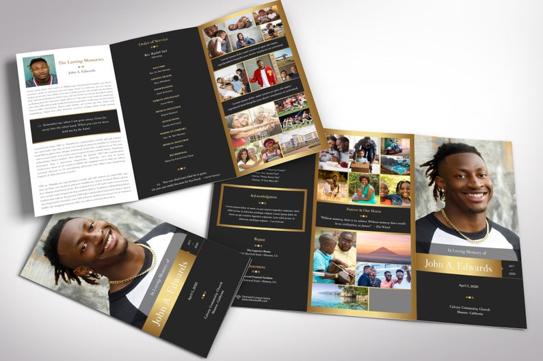 Remember Gold Tabloid Trifold Funeral Program Template for Word and Publisher is 17x11 inches. The tabloid trifold brochure features Gold and Black colors with beautiful typography, making it a great gift to remember your loved one. The trifold