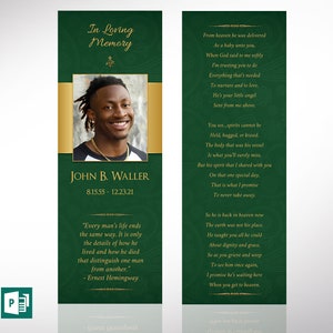 Green Gold Regal Funeral Bookmark Template Set, Word and Publisher, Celebration of Life, Memory Card, 2.5x7.5 in