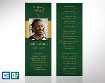 Green Gold Regal Funeral Bookmark Template | Word Template, Publisher | Celebration of Life, Memory Card | 2.5x7.5 in