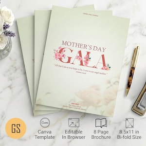 Vintage Mother's Day Program Template | Canva: 4-Page Floral Church Banquet Brochure (8.5x11) Digital Download
