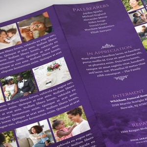 Purple Sky Funeral Program Legal Trifold Template for Canva features a purple flourishing landscape with beautiful ornaments, doves, and a pink sky. It is a Legal Size (Print Size 14x8.5 inches) and it Trifold to 4.75x8.5 inches.